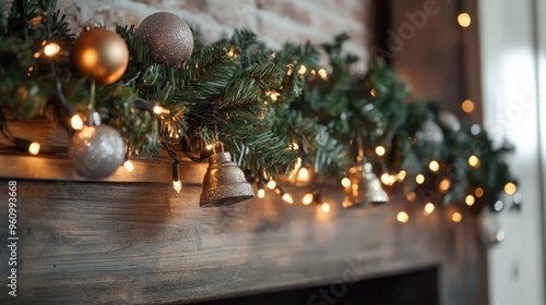 Wallpaper Mural Jingle bells hanging from a festive garland draped over a wooden mantel with twinkling holiday lights Torontodigital.ca
