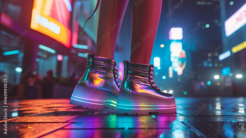 Fototapeta premium A close-up of shiny platform boots reflecting vibrant neon lights on a wet urban street. The futuristic footwear, highlighted against a colorful city backdrop, evokes a cyberpunk aesthetic.
