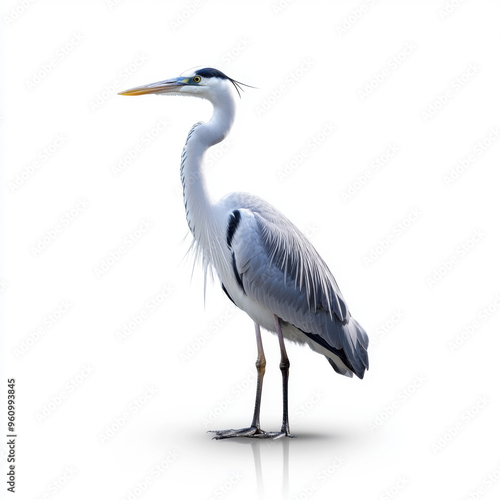 Grey heron standing isolated against a white background, showcasing its sleek feathers and poised stance. Grey heron standing isolated against a white background, showcasing its sleek feathers and poised stance.