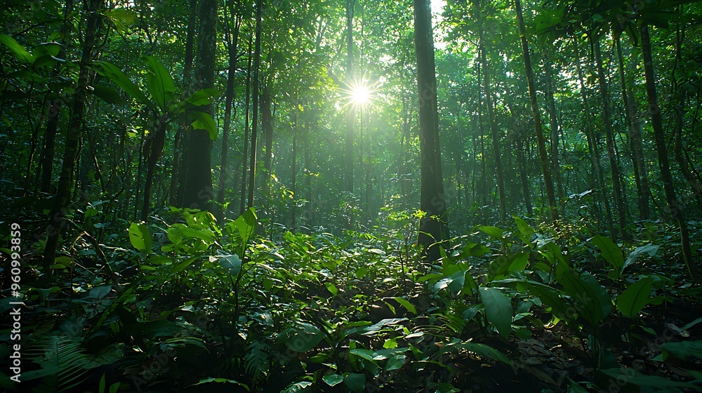 Sunlight streams through the dense jungle canopy, casting a golden glow. Sunlight streams through the dense jungle canopy, casting a golden glow.