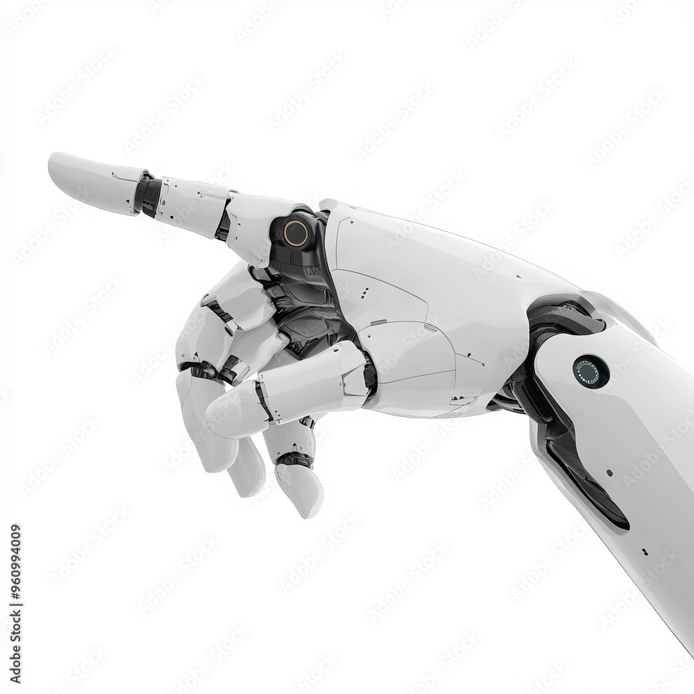White cyborg robotic hand pointing his finger - 3D rendering isolated on white background. White cyborg robotic hand pointing his finger - 3D rendering isolated on white background.