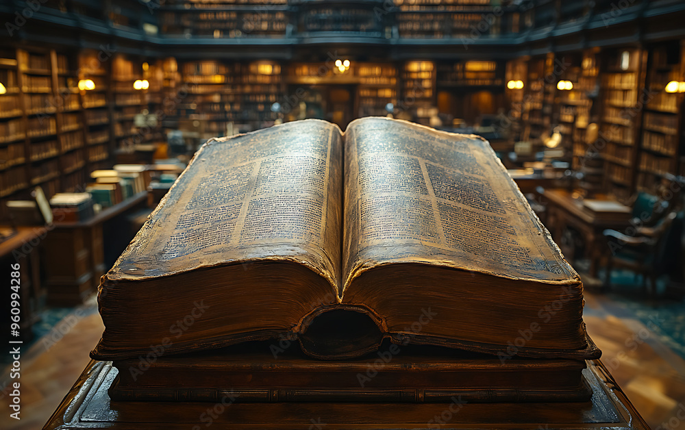 Obraz premium Beige Book on Pedestal: A Classic Library's Sense of Discovery