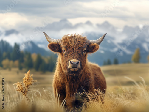 Close up of Yak, Bos grunniens, in a mountainous landscape during autumn photo