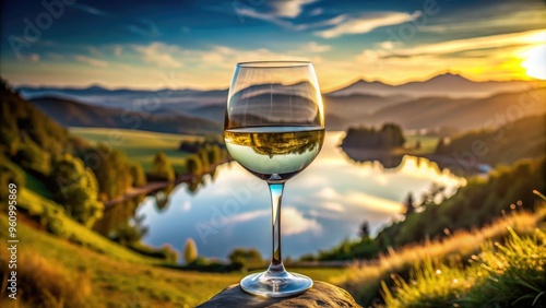 Landscape reflected in a wine glass , reflection, scenery, drink, wine, glass, sunset, picturesque, beauty, nature