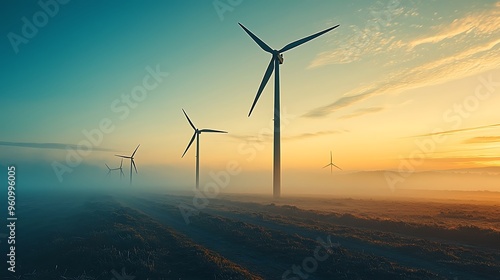 Morning fog envelops wind turbines, bathed in the first light of sunrise.