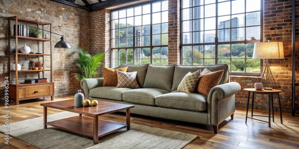 Chic loft living room with a comfortable tweed sofa , Loft, living room, chic, comfortable, tweed, sofa, interior design, cozy Chic loft living room with a comfortable tweed sofa , Loft, living room, chic, comfortable, tweed, sofa, interior design, cozy