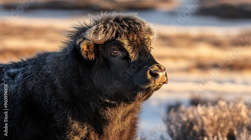 Clear Image of a Black Fluffy Bull with a Distinctive Appearance, Emphasizing Its Thick Fur and Robust Build. Ideal for Animal and Livestock Illustrations