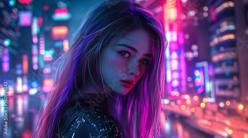 A young woman with flowing hair stands in a vibrant cyberpunk cityscape, bathed in neon lights. The futuristic setting, rich in colorful hues and moody atmosphere, highlights her enigmatic expression.