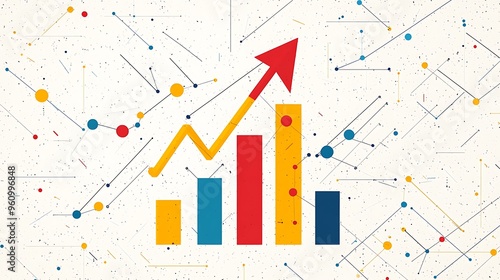 An abstract growth chart features a red arrow with yellow and blue bars, set against a crisp white canvas.