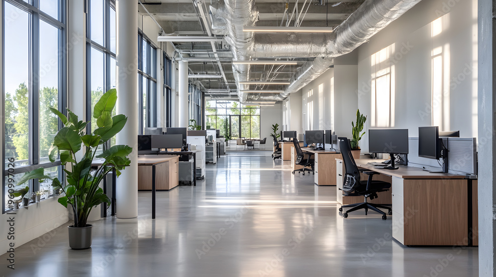 Open-plan office with sleek cubicles and bright lighting, featuring potted plants and minimalistic design for a productive space. Open-plan office with sleek cubicles and bright lighting, featuring potted plants and minimalistic design for a productive space.
