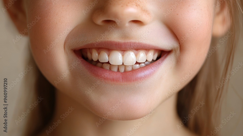 Obraz premium Close-up of a young girl's smiling face, showcasing healthy white teeth.