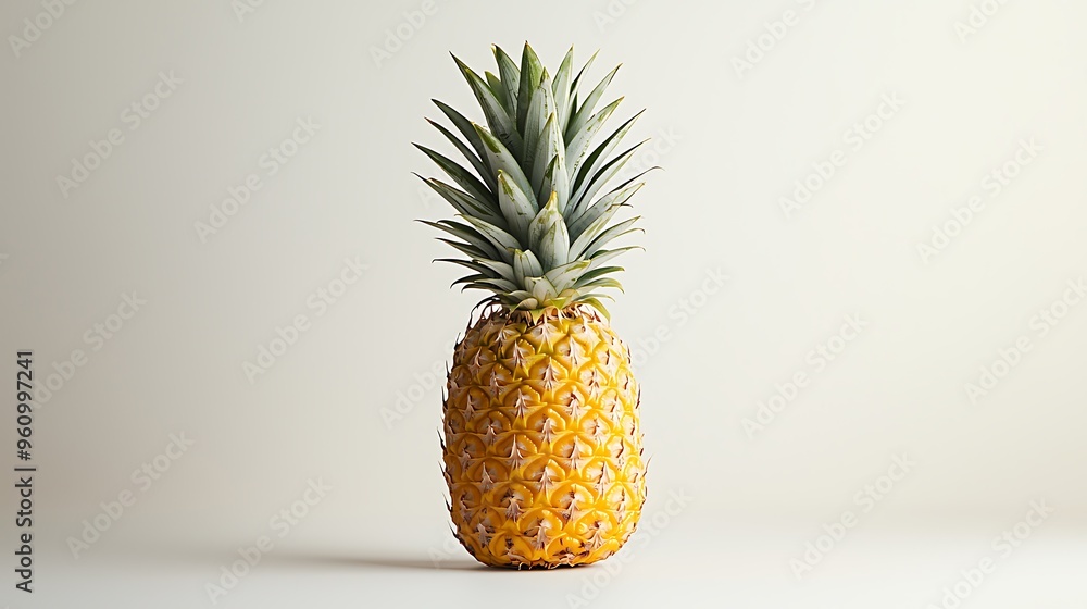 A whole pineapple rests on white, showcasing its textured skin and tropical allure. A whole pineapple rests on white, showcasing its textured skin and tropical allure.