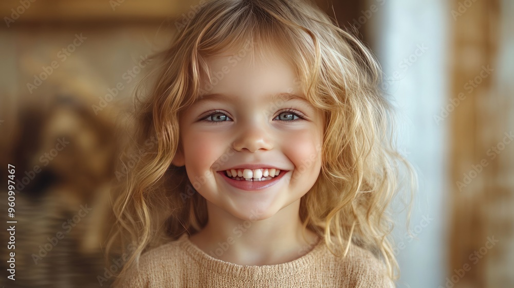 A little girl with blonde curly hair smiles brightly at the camera. A little girl with blonde curly hair smiles brightly at the camera.