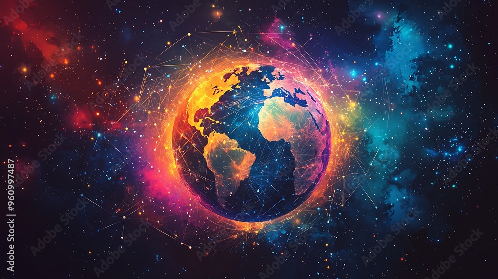 A connected world glows with digital technology, showing a networked earth against a starry sky. A connected world glows with digital technology, showing a networked earth against a starry sky.