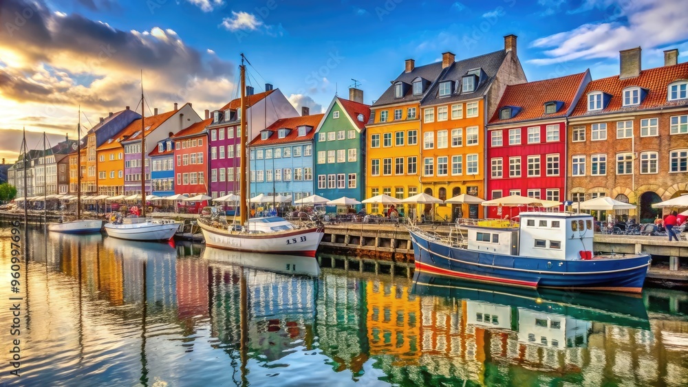 Obraz premium Scenic waterfront district in Copenhagen with colorful buildings and boats, Nyhavn, Denmark