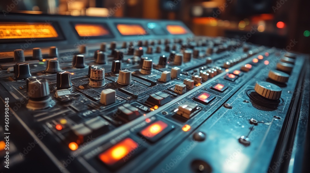 Close-up of an analog audio mixing console with faders, knobs, buttons, and lights.