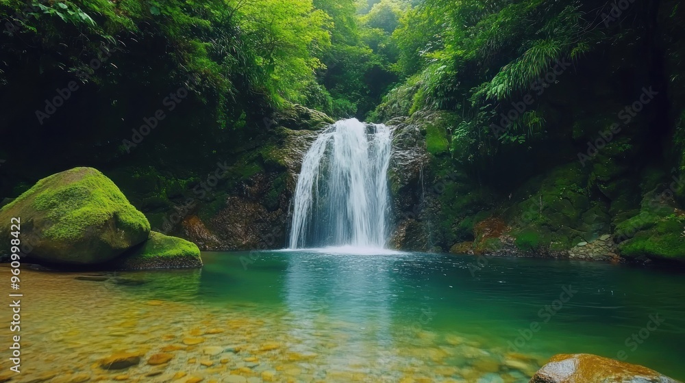 Fototapeta premium Serene Waterfall in Lush Greenery