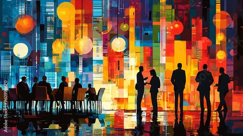 Abstract silhouettes of business people meet against a cityscape with vibrant geometric shapes.