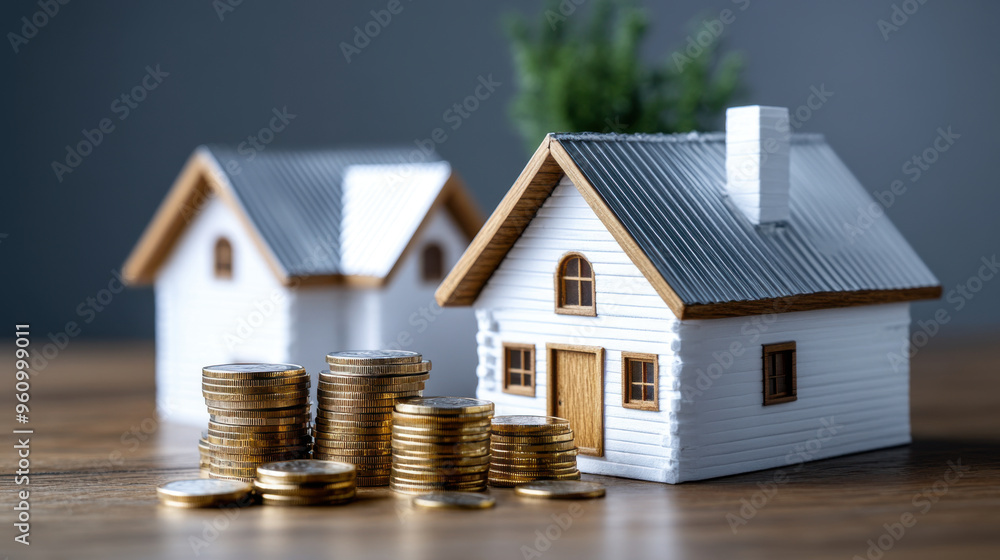 Miniature wooden houses with stacks of gold coins representing real estate investment, home buying, or property value concept. Miniature wooden houses with stacks of gold coins representing real estate investment, home buying, or property value concept.