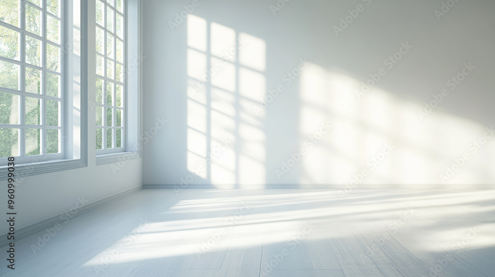 A clean, white room with sunlight streaming in through the window, casting shadows on an empty wall A clean, white room with sunlight streaming in through the window, casting shadows on an empty wall