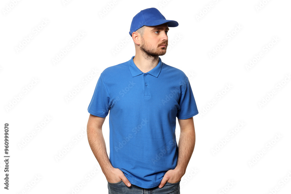 PNG,A guy in a blue T-shirt and a cap, isolated on white background PNG,A guy in a blue T-shirt and a cap, isolated on white background