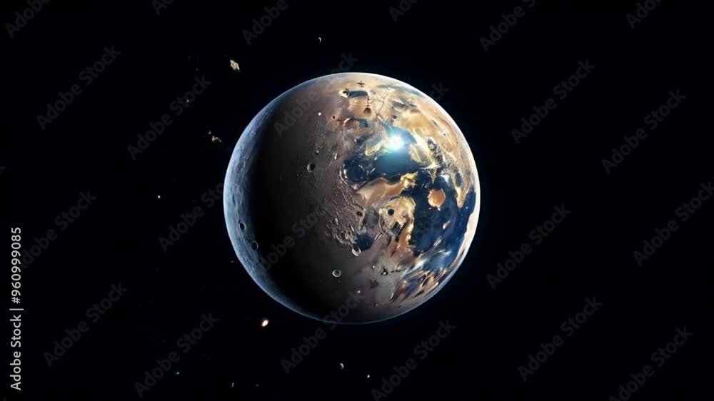 A large, blue and brown planet with craters and a dark space background. A large, blue and brown planet with craters and a dark space background.