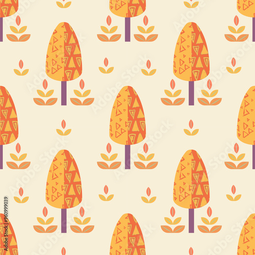 Autumn trees seamless pattern in folk nordic.Beautiful forest leaf surface design texture background .Nature symple style, Scandinavian art illustration.Cute design for print product,season decorate photo