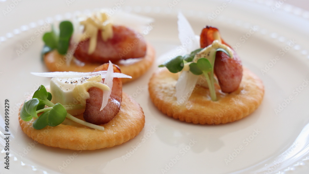 Cream cheese and sausage cracker canapés prepared as party appetizers Cream cheese and sausage cracker canapés prepared as party appetizers