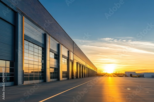 Modern Industrial Warehouse at Sunset with Clear Sky, ai