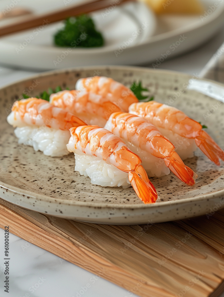 Japanese sushi Amaebi Nigiri, Sweet shrimp on rice, light elegant setting Japanese sushi Amaebi Nigiri, Sweet shrimp on rice, light elegant setting
