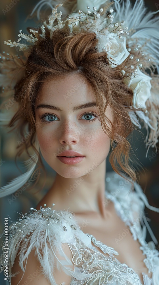 A young woman with blue eyes and long red hair, wearing a white dress with feathers, looks directly at the camera. A young woman with blue eyes and long red hair, wearing a white dress with feathers, looks directly at the camera.