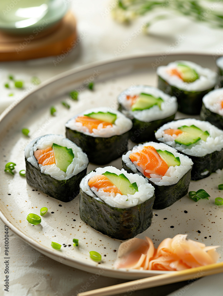 Japanese Alaska Roll, Salmon avocado cucumber, light background detailed setting Japanese Alaska Roll, Salmon avocado cucumber, light background detailed setting