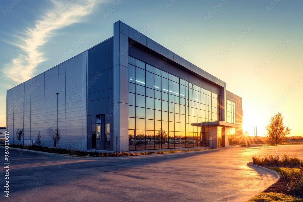 Modern Industrial Warehouse at Sunset with Clear Sky, ai Modern Industrial Warehouse at Sunset with Clear Sky, ai