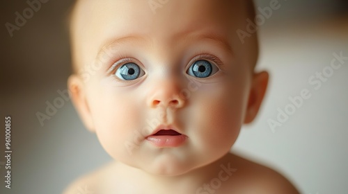 close-up portrait of a cute baby with big, bright eyes and a curious expression, captured in soft, natural lighting