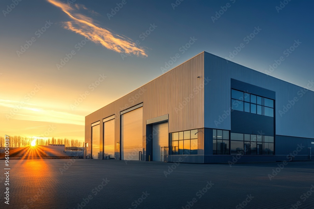 Modern Industrial Warehouse at Sunset with Clear Sky, ai Modern Industrial Warehouse at Sunset with Clear Sky, ai