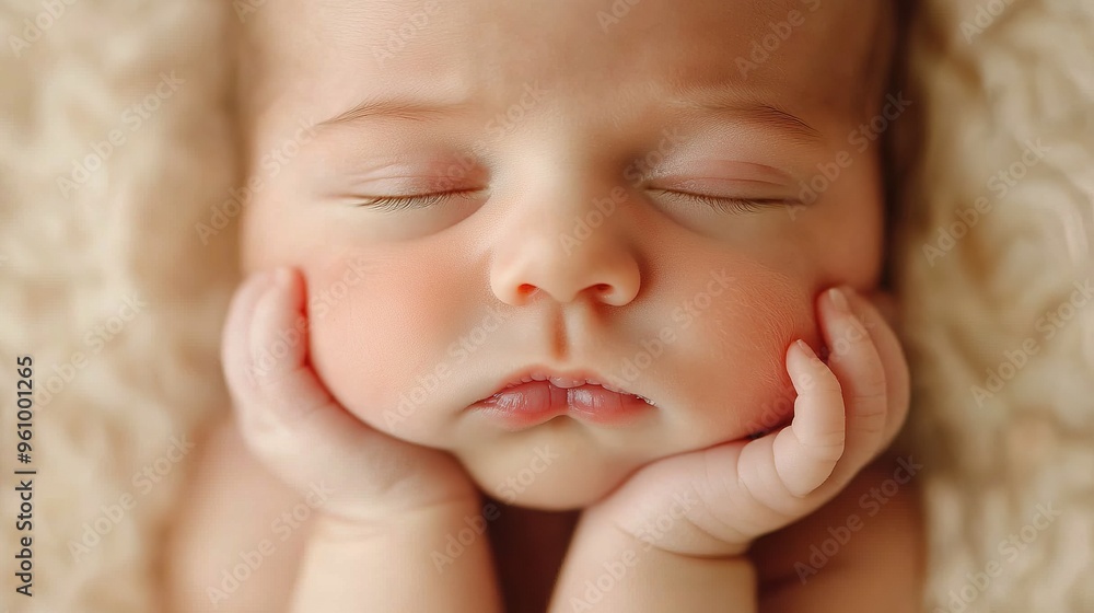 close-up of a newborn making a cute pouty face, with tiny hands near their face, showcasing the sweet and innocent expressions of early close-up of a newborn making a cute pouty face, with tiny hands near their face, showcasing the sweet and innocent expressions of early