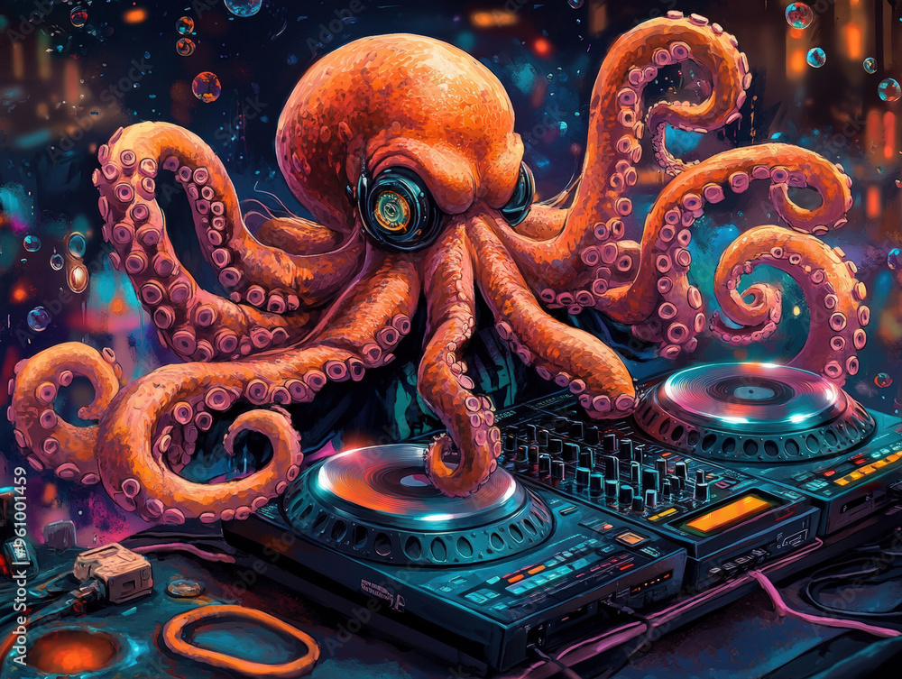 Fototapeta premium Funky Octopus DJing at Vibrant Underwater Party - Cartoon Character in Graphic T-shirt, Ripped Jeans, and Sneakers on Tentacles Grooving to the Beat