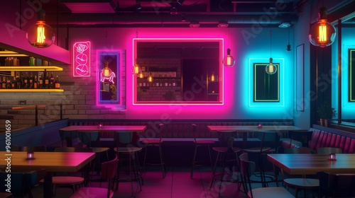 A sleek, modern bar with neon lights and industrial design elements, set against a backdrop of exposed brick. The bar exudes a vibrant yet minimalist atmosphere, perfect for a trendy night out.