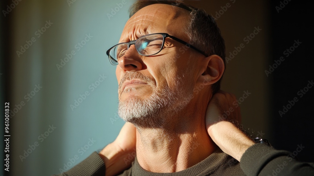 Obraz premium Middle-aged man stretching his stiff neck muscles, grimacing from joint pain and tension