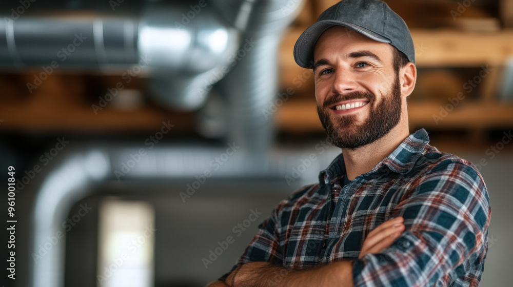 Smiling HVAC technician in a modern facility, standing confidently with arms crossed, surrounded by industrial HVAC systems. Smiling HVAC technician in a modern facility, standing confidently with arms crossed, surrounded by industrial HVAC systems.