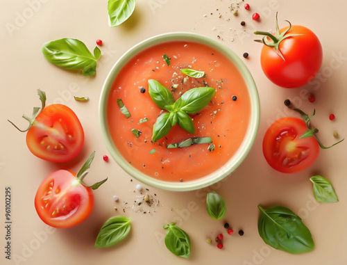 Sunlit gazpacho soup with tomato slices and basil in a rustic bowl photo