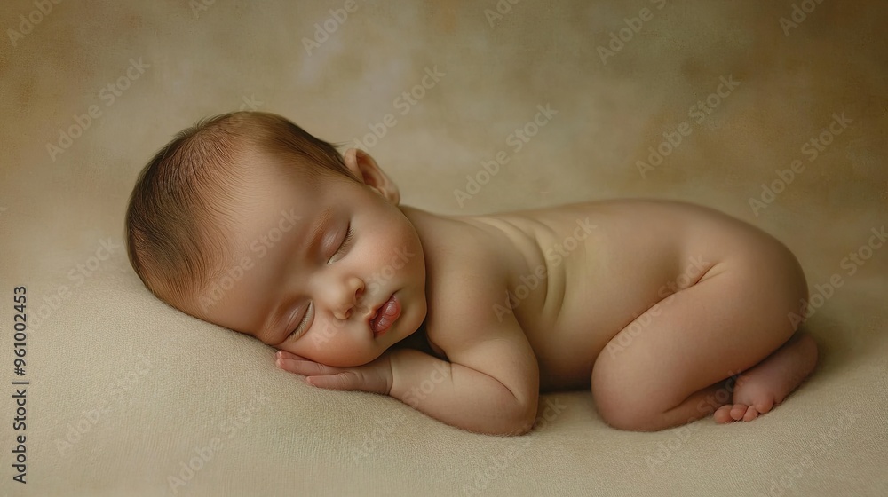baby peacefully sleeping on their side, with a tiny hand tucked under their chin, creating a sense of calm and tranquility baby peacefully sleeping on their side, with a tiny hand tucked under their chin, creating a sense of calm and tranquility