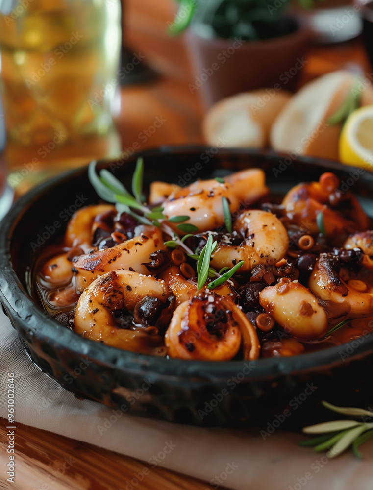 Close up Side View of Pulpo a la Gallega on Wooden Table, Spanish Cuisine Photography Close up Side View of Pulpo a la Gallega on Wooden Table, Spanish Cuisine Photography