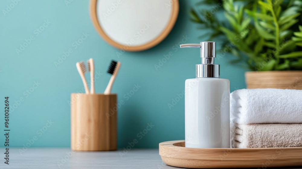 Minimalist bathroom setup featuring a soap dispenser, wooden toothbrush holder, and fresh green plant on a countertop. Minimalist bathroom setup featuring a soap dispenser, wooden toothbrush holder, and fresh green plant on a countertop.
