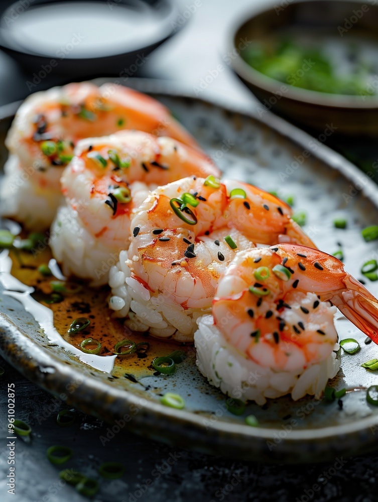 Ebi Nigiri shrimp sushi with black sesame on a ceramic plate, close up Ebi Nigiri shrimp sushi with black sesame on a ceramic plate, close up