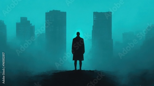 A lone figure standing in a dark cyberpunk cityscape, illuminated only by the faint glow of distant neon lights, symbolizing the depth of grief and isolation