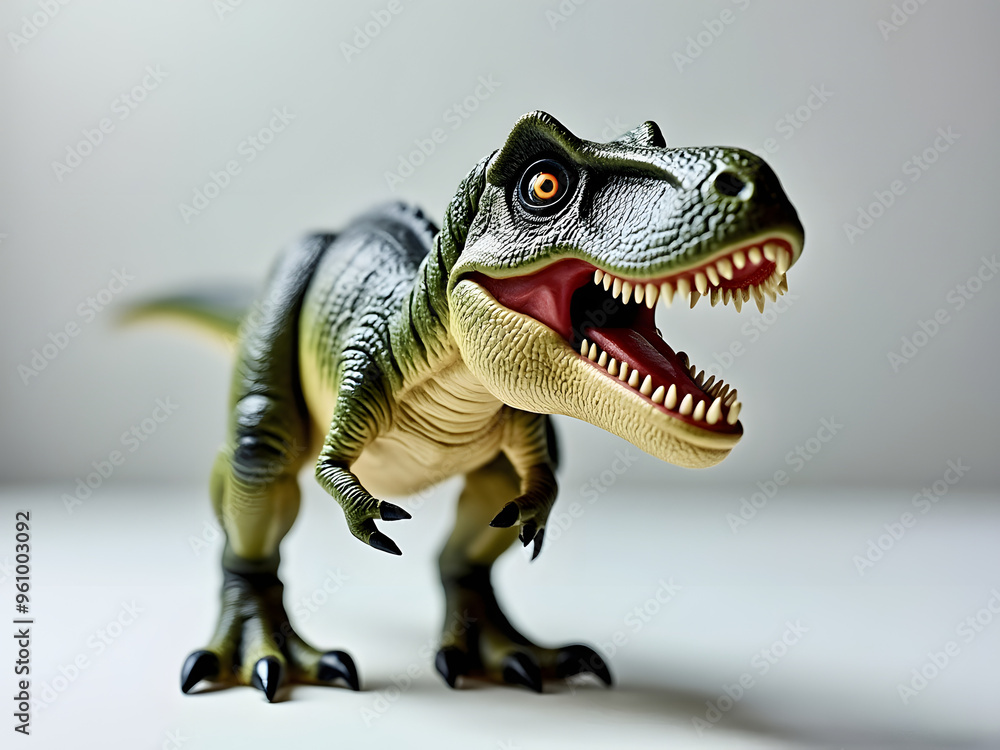 Fototapeta premium T-Rex Dinosaur toy isolated on white background cinematic lighting shadows on the background
