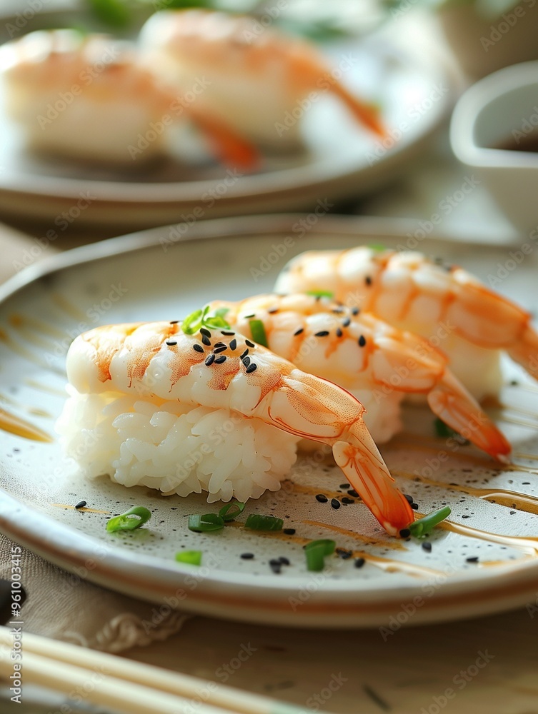 Japanese Ebi Nigiri shrimp sushi with rosemary on a light background Japanese Ebi Nigiri shrimp sushi with rosemary on a light background