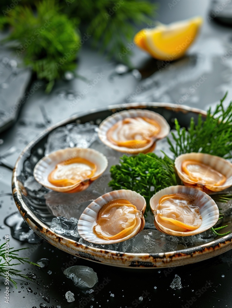 Japanese Hamaguri clam sashimi with tobiko served on a dark ceramic plate, gourmet sushi dish Japanese Hamaguri clam sashimi with tobiko served on a dark ceramic plate, gourmet sushi dish