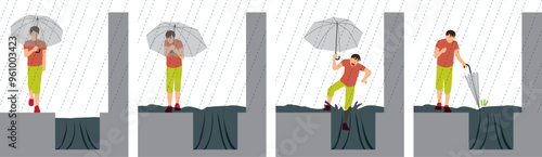 災害、豪雨と傘を差した人と用水路、側溝への転落の危険のイメージイラスト